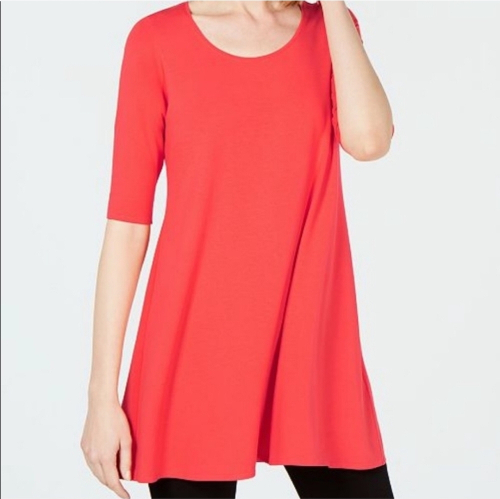 Eileen Fisher Elbow Sleeve Red Jersey Tunic Minimalist Christmas Casual Medium